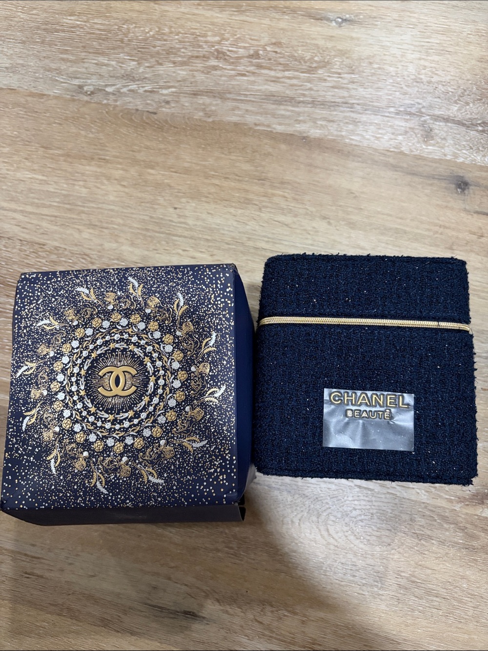 CHANEL blue and Gold makeup pouch 5x5